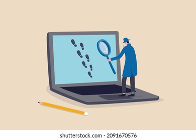 Website visitor tracking or digital footprint, analyze user behavior or track bounce rate concept, businessman detective using magnifying glass to track visitor footpath on laptop computer.