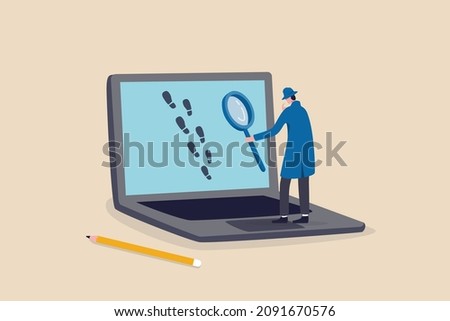 Website visitor tracking or digital footprint, analyze user behavior or track bounce rate concept, businessman detective using magnifying glass to track visitor footpath on laptop computer.