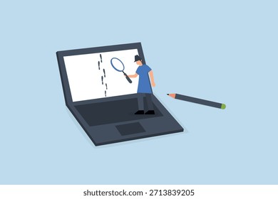 Website visitor tracking, Entrepreneur sleuth employing magnifying glass to trace the guest trail on laptop. 