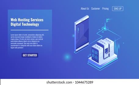 Website and web application hosting, server room rack, data exchange, file traffic, backup copy mobile phone isometric vector Website and web application hosting, server room rack, data exchange, file traffic, backup copy mobile phone isometric vector