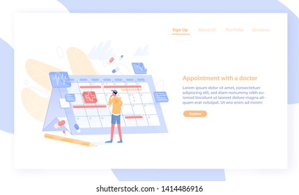 Website or web banner template with man looking at giant calendar and choosing date to visit physician. Online doctor appointment scheduling service. Flat cartoon vector illustration for promotion.