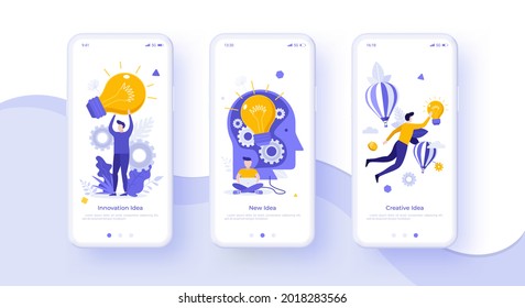Website or web banner template for smartphone screens and mobile applications with people and lightbulbs. Concept of creative idea, business insight, innovative technology. Flat vector illustration.