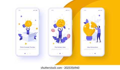 Plantilla de sitio web o banner web para aplicaciones de smartphone con personas portando bombillas o ensamblando rompecabezas de rompecabezas. Concepto de generación de ideas de negocios perfectas. Ilustración vectorial plana moderna.