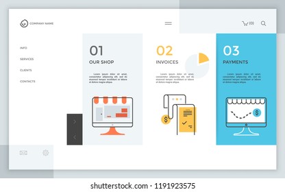 Website or web page with 3 rectangular elements, linear icons and place for text or description. Company information. Modern infographic design template. Vector illustration for online store web site.