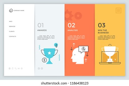 Website or web page with colorful columns, flat symbols and place for text. Company's portfolio, list of provided services. Infographic design layout. Vector illustration. Easy to edit and customize.