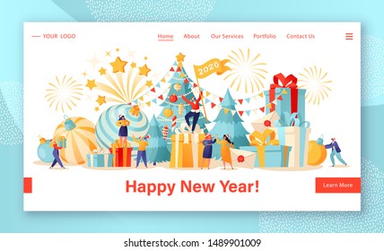 Сoncept for website or web page design on theme of celebrating New Year. Concept of landing page with friendly, small, flat cartoon people characters that preparing for holiday and prepare gifts.