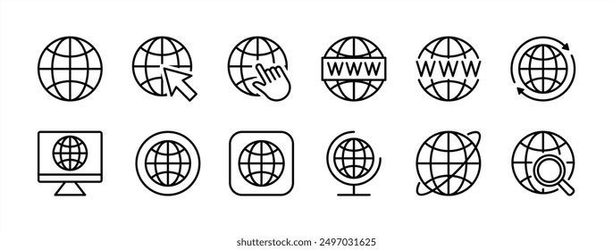 Website or web page line icon vector set. Containing online, network, internet, cyberspace, browser, site, connect, click button, connection, net, searching, globe, loading or reload progress