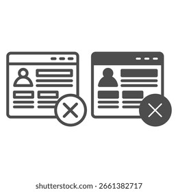 Website window with user ban line and solid icon, data hoarding concept. Vector graphics. User personal data forbidden, safety sign on white background, outline style icon for mobile or web design