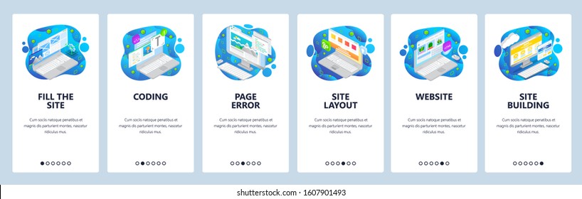 Website wireframe and development, coding, icometric icons. Mobile app onboarding screens. Menu vector banner template for mobile development. Web site design flat illustration.