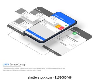 Website wireframe for e-commerce, Isometric illustration of smartphone with different splash screens for User Interface (UI) or User Experience (UX) concept.