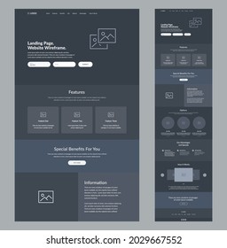 Website wireframe landing page. Dark design template for business. One page site layout interface. Modern responsive design. UX UI elements: home, features, specials, information, options, advantages.