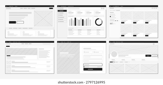 Website Wireframe Layouts and UI Mockup Templates Set. Website wireframe templates set with landing, dashboard, ecommerce, blog, signin and profile pages, UI mockup layouts for web design. Vector
