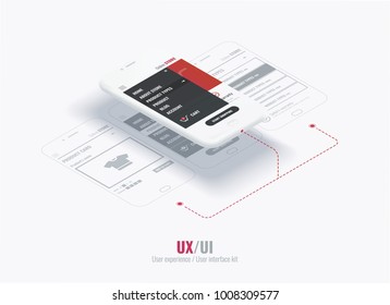  Website wireframe for mobile apps with links . A conceptual mobile phones with a mobile app page. User experience, user interface in e-commerce.