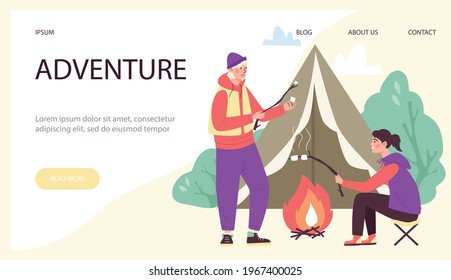 Website with young couple having adventures in forest camp, flat vector illustration. Travel and camping web advertising banner template with campers.