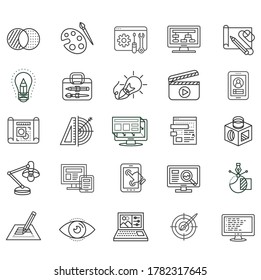 Website,pen,brush,film,target,monitor,lamp,eye icons set  illustration vector flat