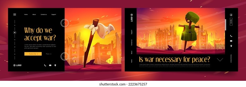 Sitios web sobre la guerra con la ciudad destruida con fuego, humo, casas rotas, bandera blanca de rendición, armadura corporal y casco en el poste. Pancartas vectoriales de conflicto militar con ilustración de dibujos animados