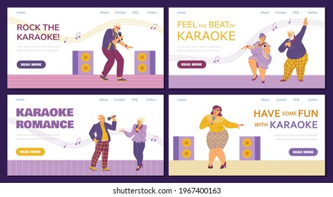 Websites bundle with elderly people in karaoke club. Web pages set with senior men and women singing with microphones in karaoke, flat vector illustration.