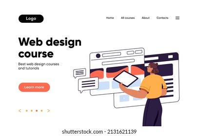 Websites home page layout. Landing template for web site, online education platform. Interface wireframe for UI, UX design courses, internet virtual school. Colored flat vector illustration