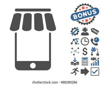 Webstore icon with bonus images. Vector illustration style is flat iconic bicolor symbols, cobalt and gray colors, white background.