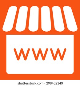 Webstore icon from Business Bicolor Set. Vector style is flat symbol, white color, rounded angles, orange background.