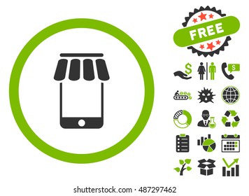 Webstore icon with free bonus design elements. Vector illustration style is flat iconic bicolor symbols, eco green and gray colors, white background.