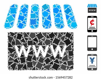 Webstore icon mosaic of bumpy pieces in different sizes and color hues, based on webstore icon. Vector irregular pieces are combined into mosaic. Webstore icons collage with dotted pattern.