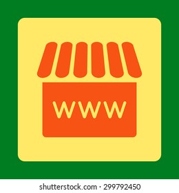 Webstore icon. Vector style is orange and yellow colors, flat rounded square button on a green background.