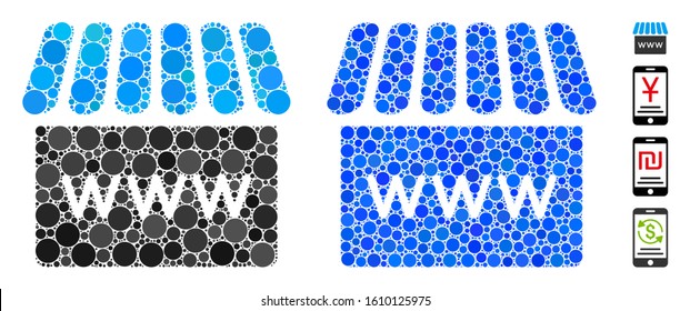Webstore mosaic of round dots in different sizes and shades, based on webstore icon. Vector dots are composed into blue mosaic. Dotted webstore icon in usual and blue versions.