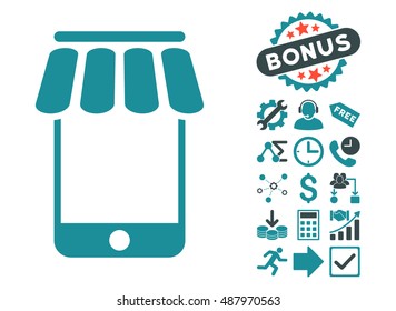 Webstore pictograph with bonus pictograph collection. Vector illustration style is flat iconic bicolor symbols, soft blue colors, white background.