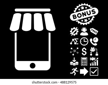 Webstore pictograph with bonus icon set. Vector illustration style is flat iconic symbols, white color, black background.