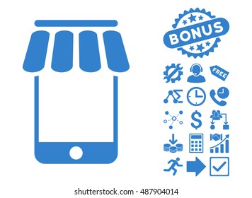 Webstore pictograph with bonus images. Vector illustration style is flat iconic symbols, cobalt color, white background.