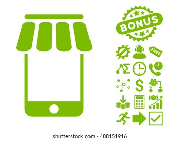Webstore pictograph with bonus images. Vector illustration style is flat iconic symbols, eco green color, white background.