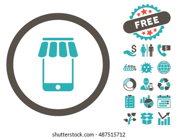 Webstore pictograph with free bonus icon set. Vector illustration style is flat iconic bicolor symbols, grey and cyan colors, white background.