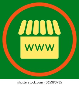 Webstore vector icon. Style is bicolor flat circled symbol, orange and yellow colors, rounded angles, green background.