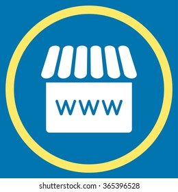 Webstore vector icon. Style is bicolor flat circled symbol, yellow and white colors, rounded angles, blue background.