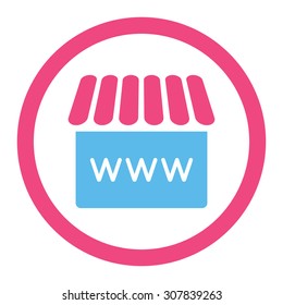 Webstore vector icon. This rounded flat symbol is drawn with pink and blue colors on a white background.