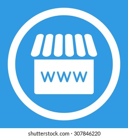 Webstore vector icon. This rounded flat symbol is drawn with white color on a blue background.