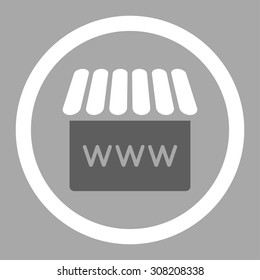 Webstore vector icon. This rounded flat symbol is drawn with dark gray and white colors on a silver background.