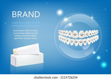 WebVector, publicidad 3D de dentífrico blanqueador. Un concepto gráfico para tu diseño. Plantilla de diseño, tubo con embalaje.