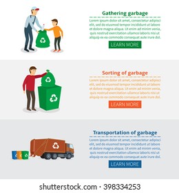 Wed banners on the theme of gathering garbage. Vector illustration of people gathering garbage and plastic waste for recycling. Cartoon characters.