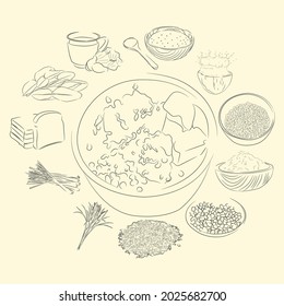 Wedang Angsle And Ingredients Illustration Sketch Style, Traditional Food From North Sumatera, Good to use for restaurant menu, Indonesian food recipe book, and food content.