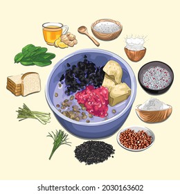 Wedang Angsle And Ingredients Illustration, Sketch And Vector Style, Traditional Food From North Sumatra, Good to use for restaurant menu, Indonesian food recipe book, and food content.