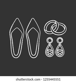 Wedding accessories chalk icon. Engagement ring, earrings and bridal shoes. Wedding agency. Isolated vector chalkboard illustration