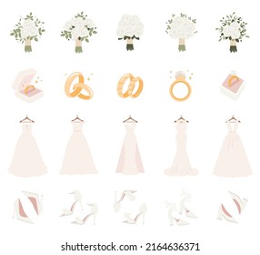 Wedding accessories and clothes for bride. White dress, shoes, rings and flower bouquet for classic wedding ceremony isolated on white background. Vector illustration