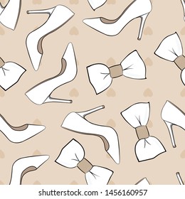 Wedding accessories: high heels, bowtie, white and golden and hearts texture on light beige background. Vector seamless pattern.