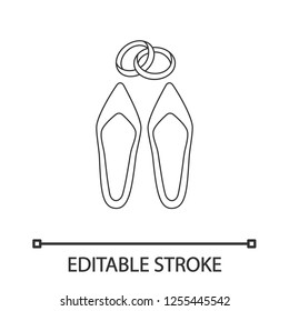 Wedding accessories linear icon. Thin line illustration. Engagement ring and bridal shoes. Wedding agency. Contour symbol. Vector isolated outline drawing. Editable stroke