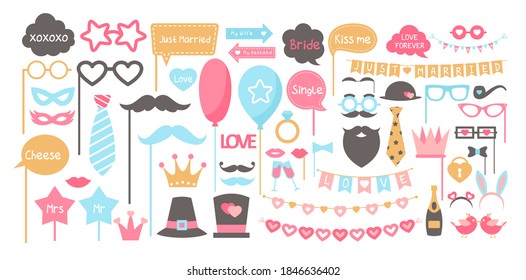 Wedding accessories photobooth vector illustration set. Cartoon photo booth props elements for wedding party collection with jewelry, champagne, glasses mustaches, funny text signs isolated on white