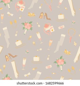 Wedding accessories seamless pattern of bridal fashion gloves, bags, bouquets and design vector illustration. Wedding accessories background.