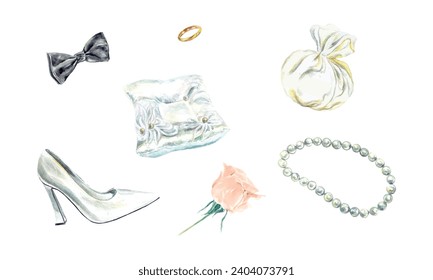 Los accesorios de casamiento marcan la acuarela. Zapato, corbata de arco de los novios, almohada de anillo, collar. Tarjetas, invitaciones a bodas, pancartas, compromiso, afiches de celebración.