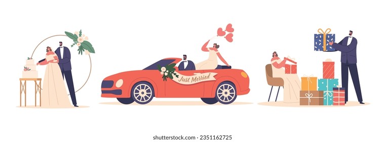 Wedding Actions Concept With Newlyweds Characters Cutting Festive Cake, Driving Decorated Car Vector Illustration